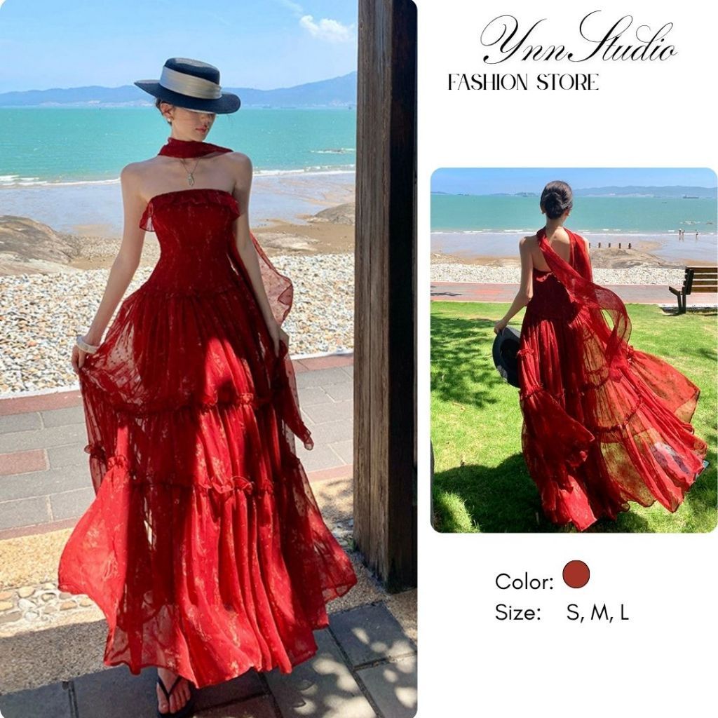 Váy maxi nữ cúp ngực màu đỏ dáng xòe nhiều tầng kèm khăn voan