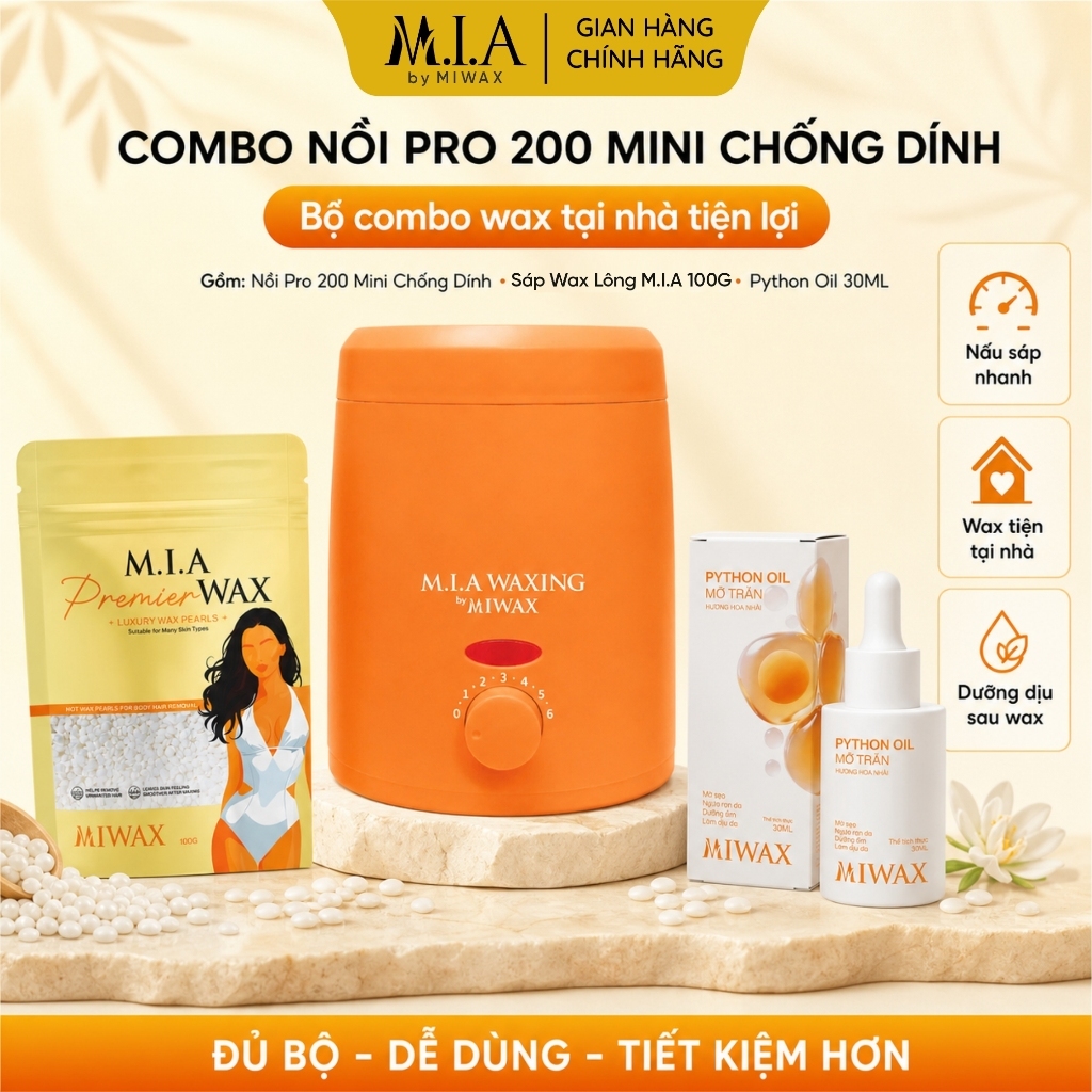 Tặng Mỡ Trăn - Combo Nồi Nấu Sáp Chống Dính Mini Wax Nách, Wax Tay Chân, Wax Râu M.I.A WAXING by MIWAX
