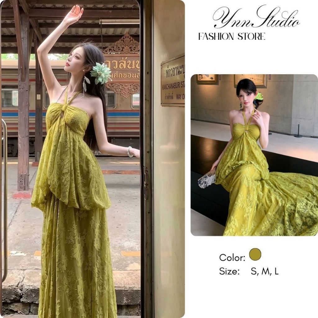 Váy Yếm Hở Lưng 2 mảnh Dáng xòe Bồng ren màu Xanh Cốm