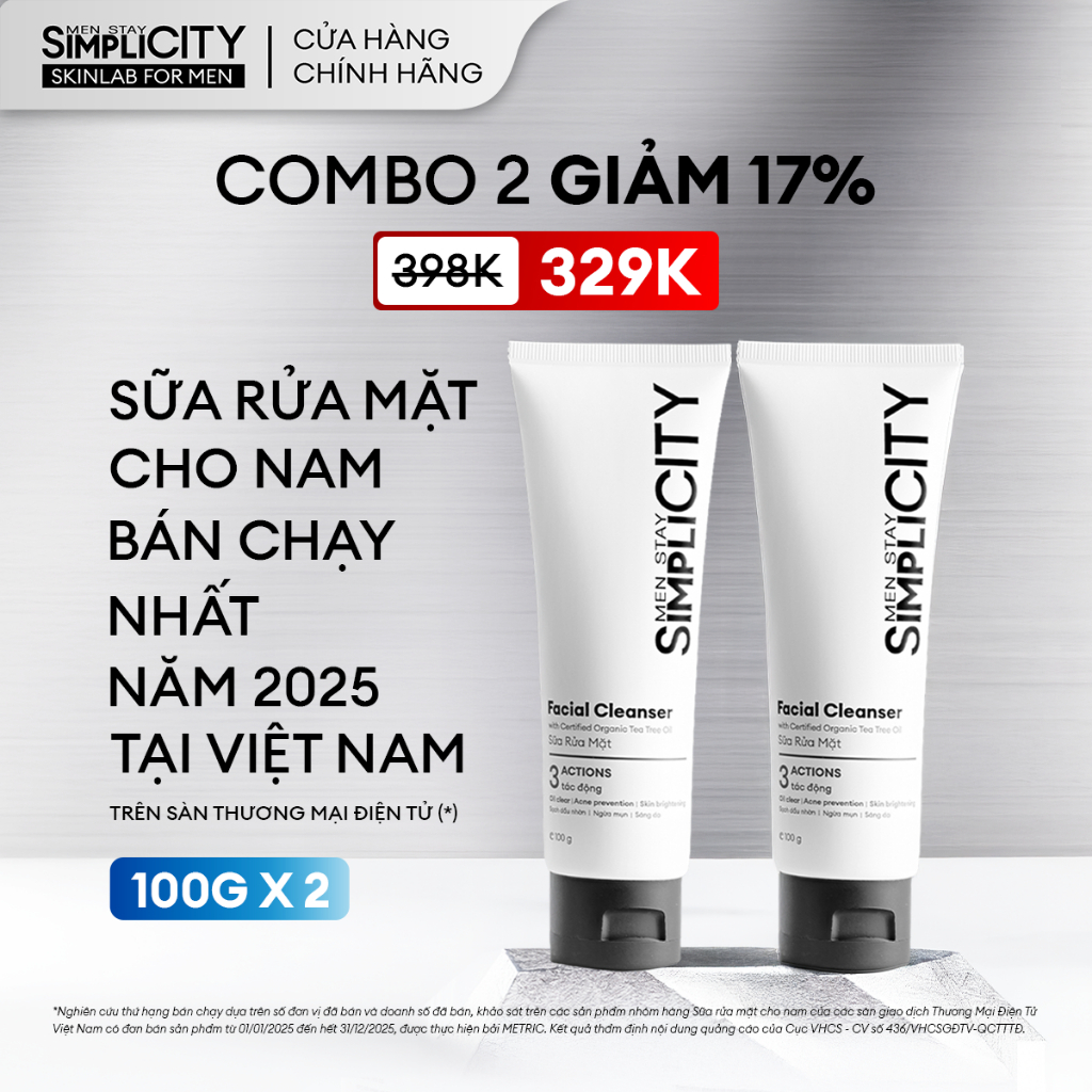 Combo 2 Sữa rửa mặt nam Men Stay Simplicity 3 tác động giúp sạch dầu nhờn, hỗ trợ ngừa mụn, sáng da 100gx2