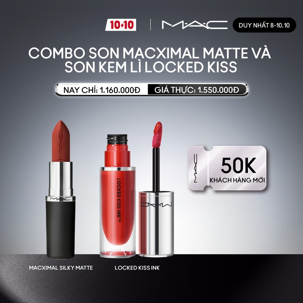 [ƯU ĐÃI 8-10.10] MAC - Bộ 2 món: Son kem Locked Kiss Ink, Son thỏi Macximal Matte