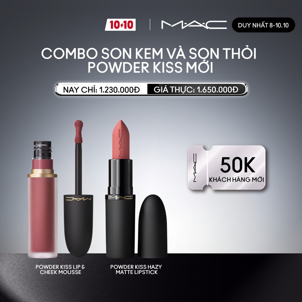 [ƯU ĐÃI 8-10.10] MAC - Bộ 2 món: Son kem MAC Powder Kiss Lip & Cheek Mousse,Son thỏi MAC Powder Kiss Hazy Matte Lipstick
