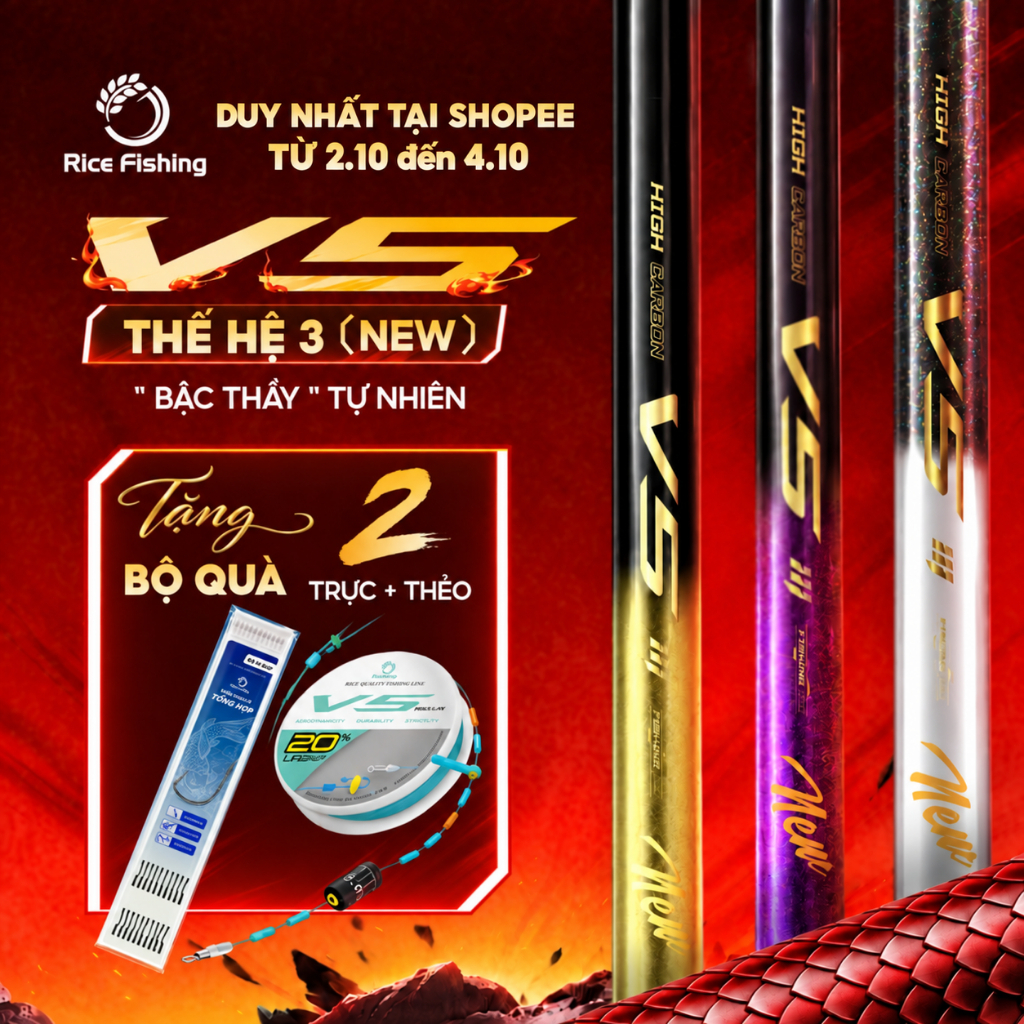 Cần câu đài V5 Thế hệ 3 Rice Fishing Carbon 30T & 40T Nâng cấp phiên bản mới 2025