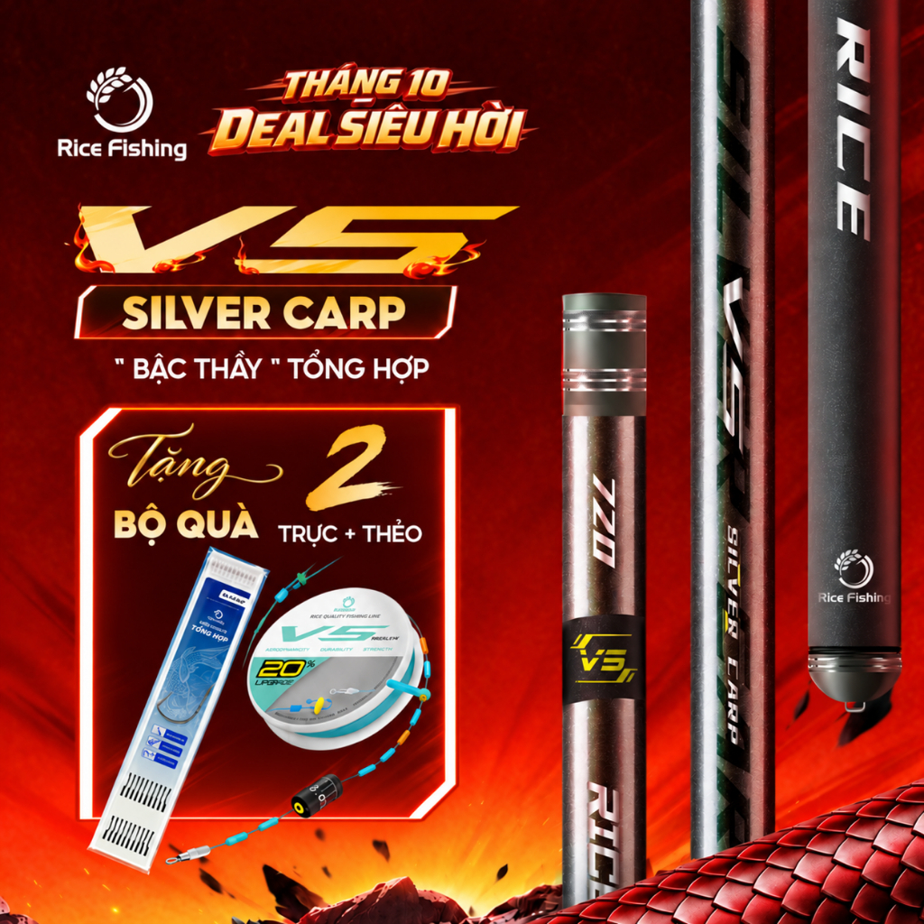 Cần câu đài V5 SILVER CARP RiceFishing chất liệu carbon cao cấp chuyên câu cá chép, cá mè CC-34