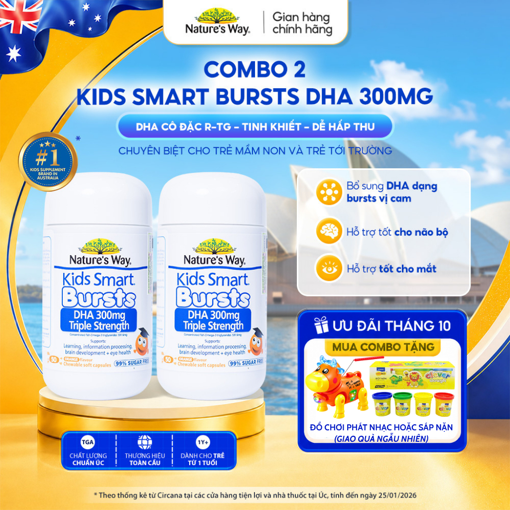 Combo 2 DHA 300mg Nature's Way Kids Smart Triple Strength Bổ Sung DHA Hàm Lượng Cao, Omega 3 RTG Cô Đặc Cho Bé 50 Viên