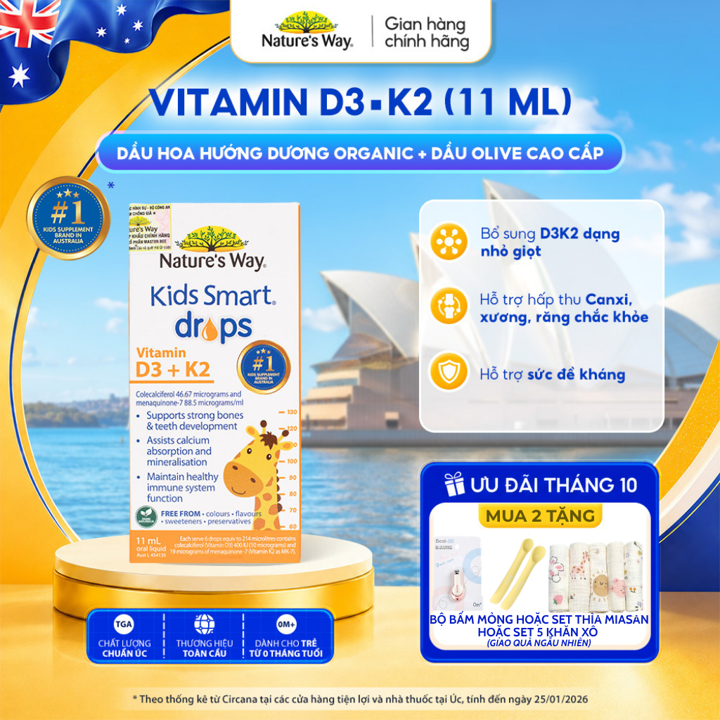 Vitamin D3K2 Nature's Way, Với Dầu Hoa Hướng Dương Organic, Giúp Bổ sung Vitamin D3, K2-MK7 Cho Trẻ Sơ Sinh Hộp 11ml