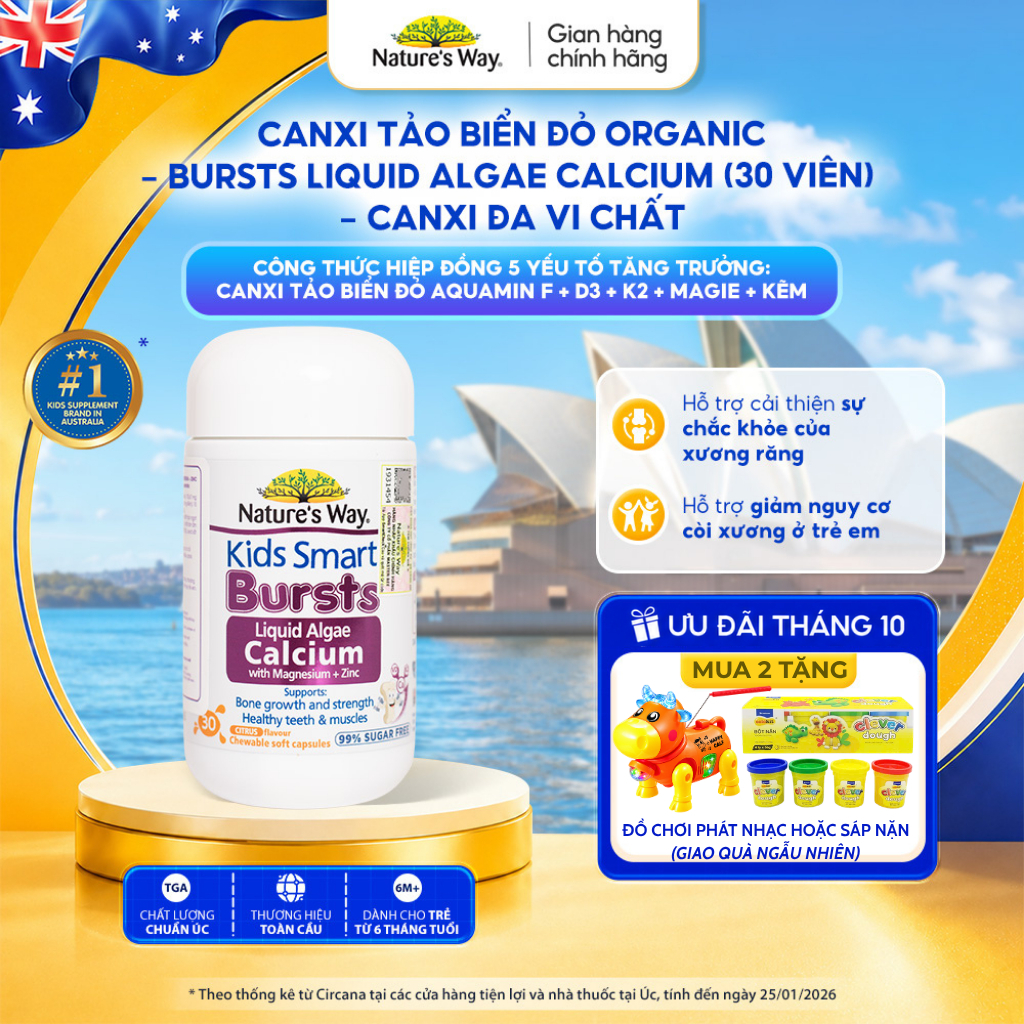 Viên Nhai Canxi Nature's Way Canxi Tảo Biển Đỏ Organic, Canxi đa vi chất Aquamin F Kết hợp D3K2, Magie, Kẽm Cho Bé 30v