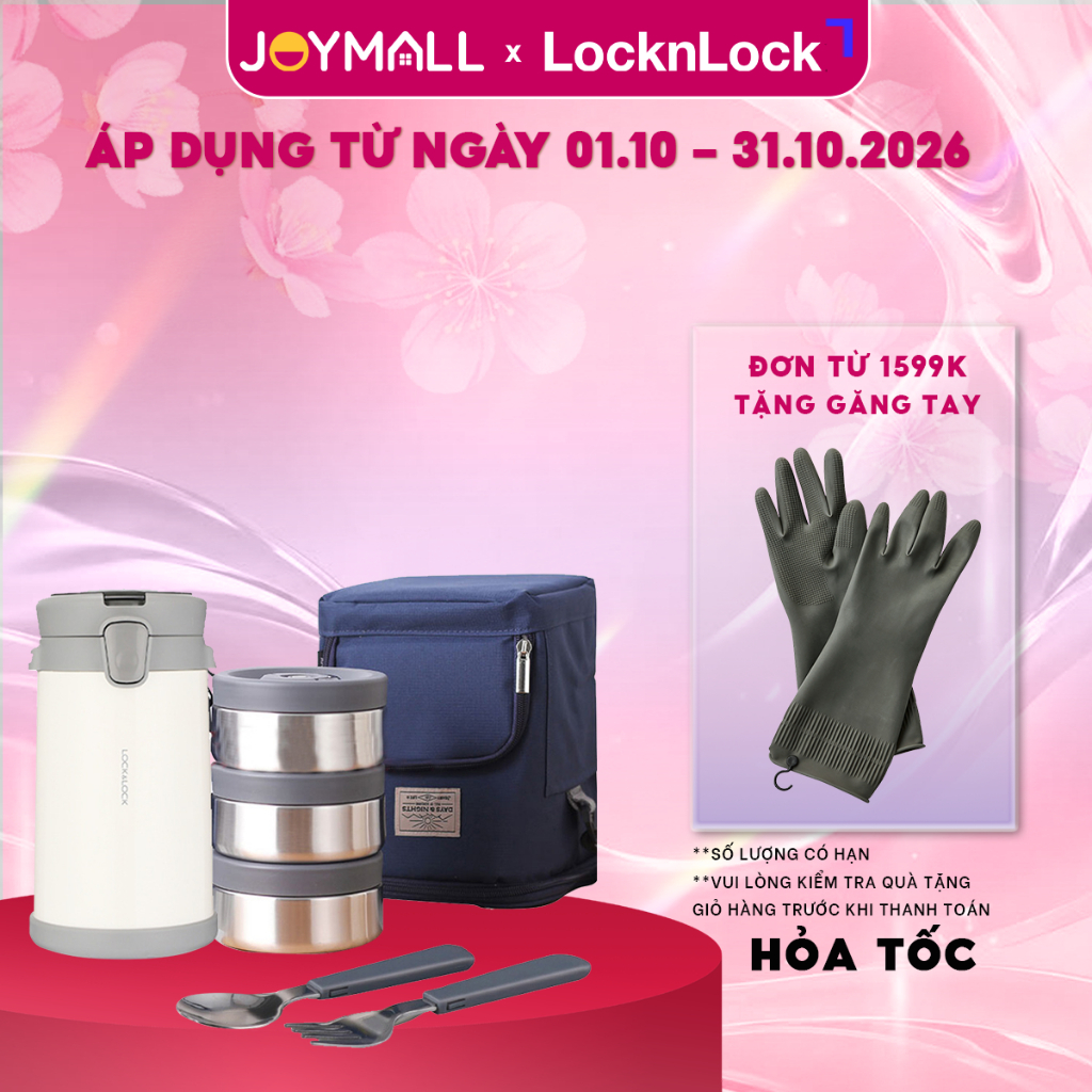 Bộ hộp cơm giữ nhiệt LocknLock 2L LHC8039 có túi, Hàng chính hãng, kèm muỗng nĩa gấp gọn - JoyMall