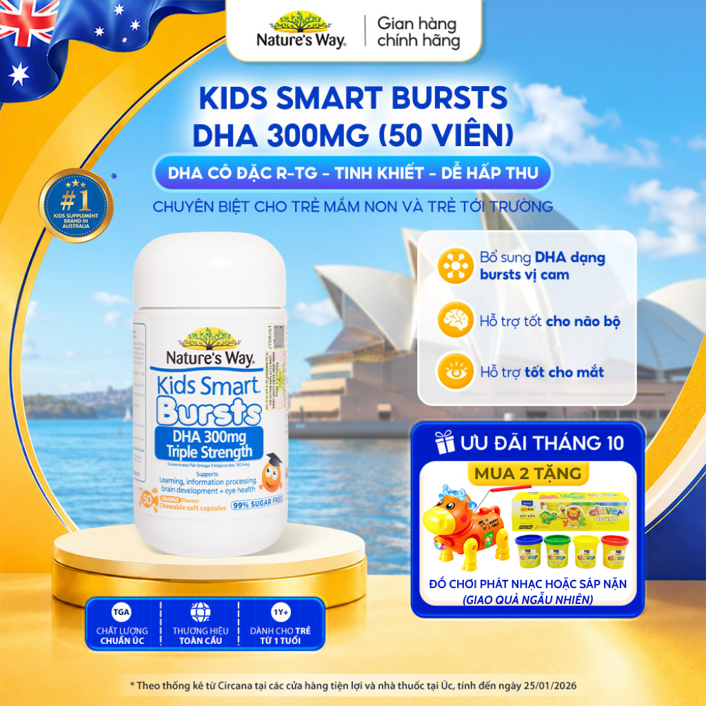 DHA 300mg Nature's Way Kids Smart Triple Strength Bổ Sung DHA Hàm Lượng Cao, Omega 3 RTG Cô Đặc Cho Bé 50 Viên