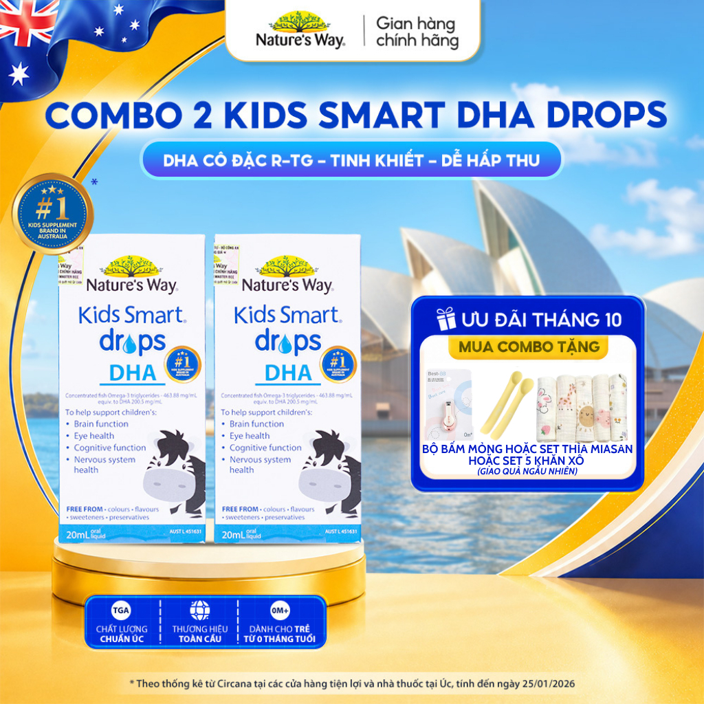 Combo 2 DHA Drops Nature's Way Kids Smart Bổ Sung DHA, EPA, Omega 3 RTG Cô Đặc, Hỗ Trợ Tốt Cho Não Và Mắt Cho Bé 20ml