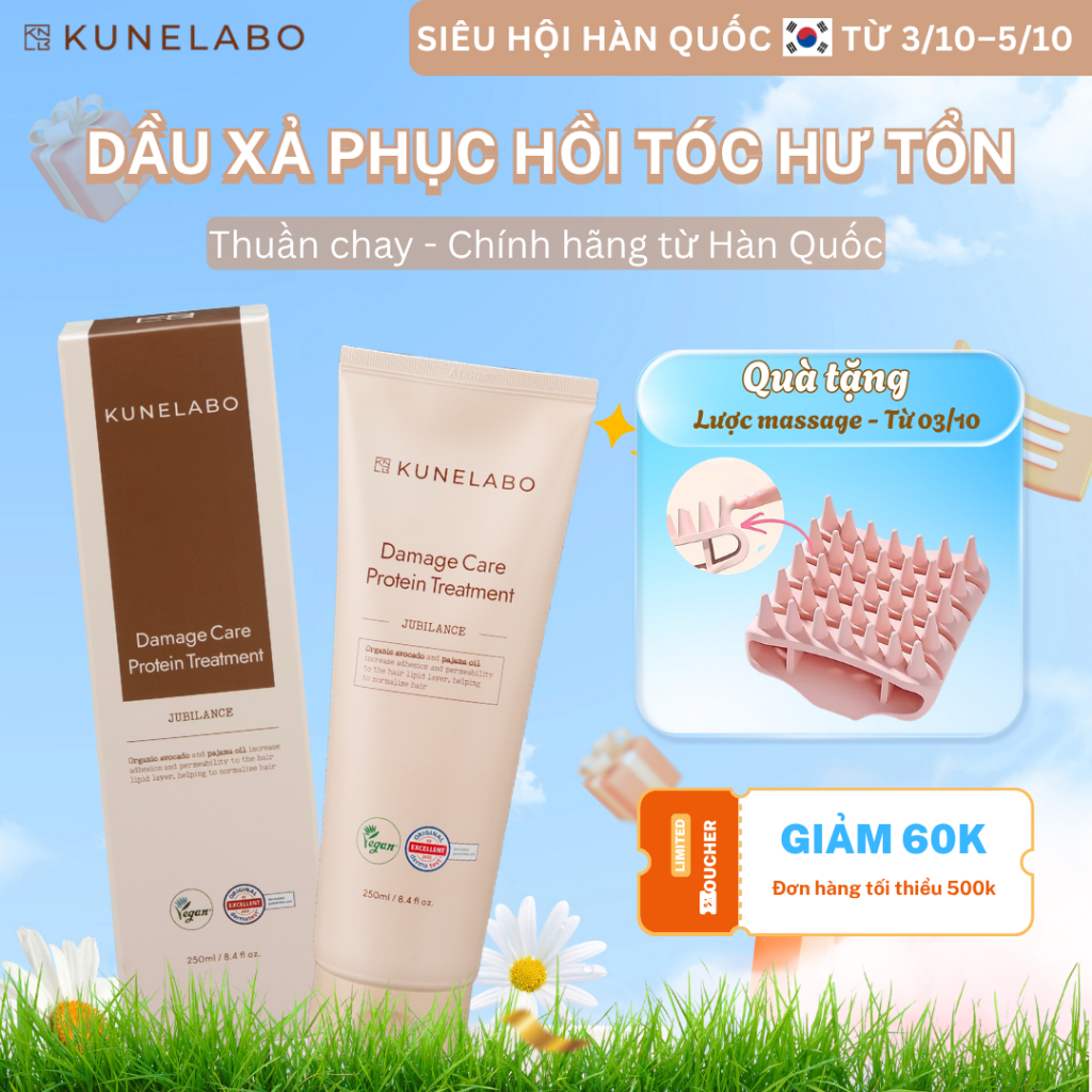 KUNELABO – Dầu xả Thuần Chay Vegan phục hồi tóc hư tổn, chứng nhận Dermatest Đức 250ml