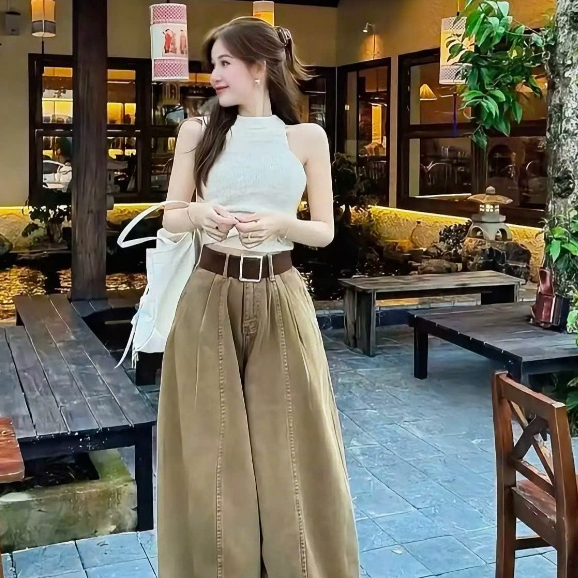 (S-XL) Quần jean nữ ống rộng wash nâu cạp cao tôn dáng tôn da dáng dài chất jean mềm