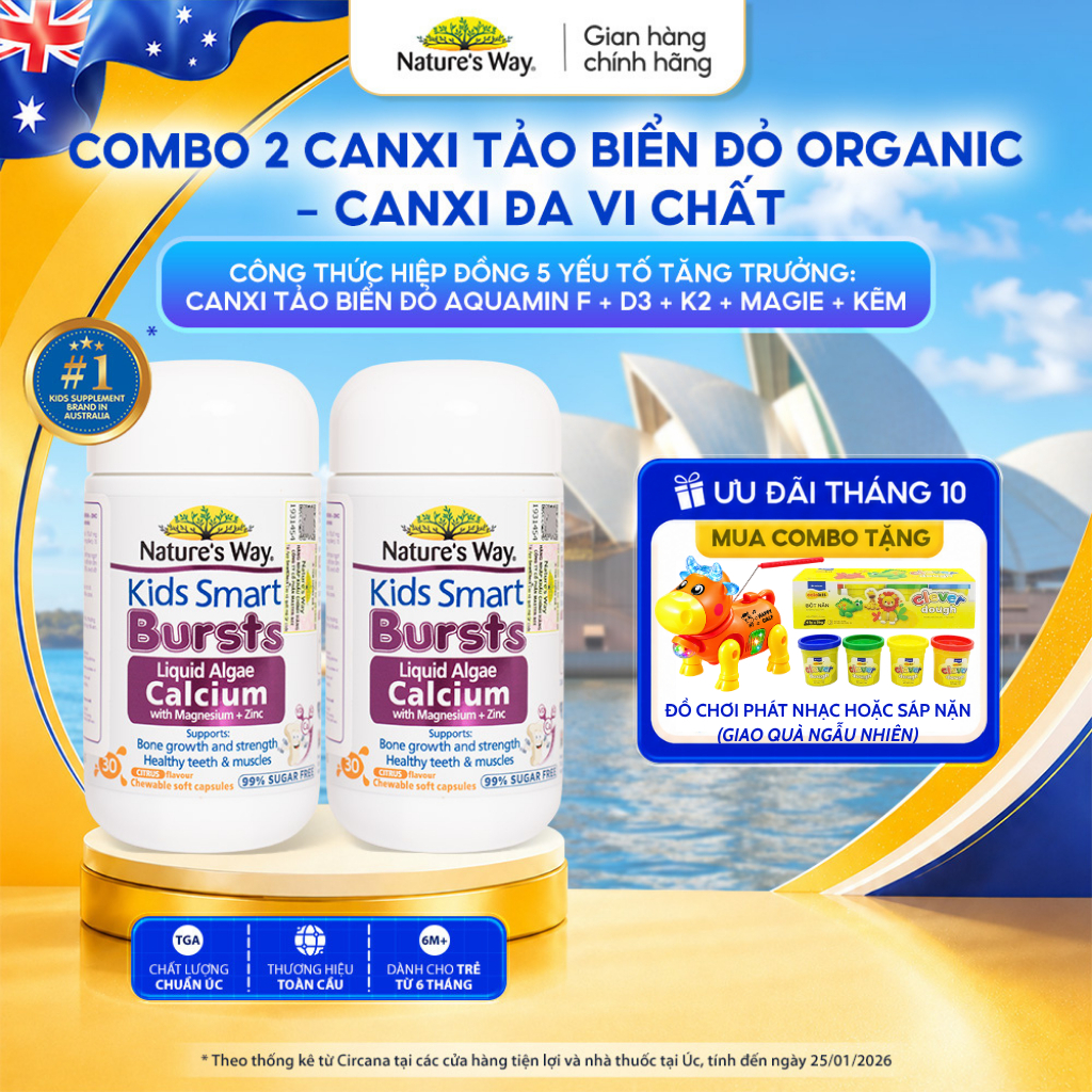 Combo 2 Viên Nhai Canxi Nature's Way Canxi Tảo Biển Đỏ Organic, Aquamin F Kết hợp D3K2, Magie, Kẽm Cho Bé 30 Viên
