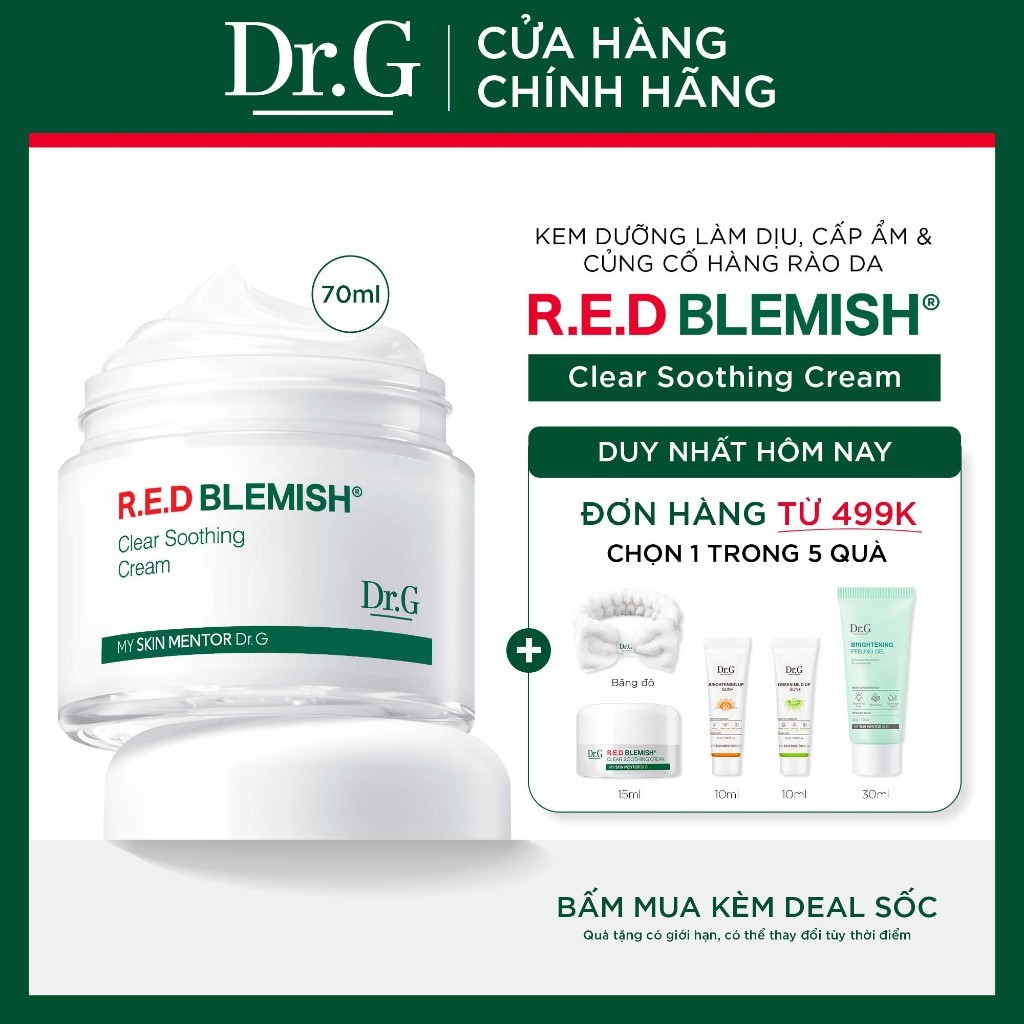Kem dưỡng Dr.G R.E.D Blemish Clear Soothing Cream DrG 70ml cấp ẩm, làm dịu và giúp củng cố hàng rào bảo vệ da