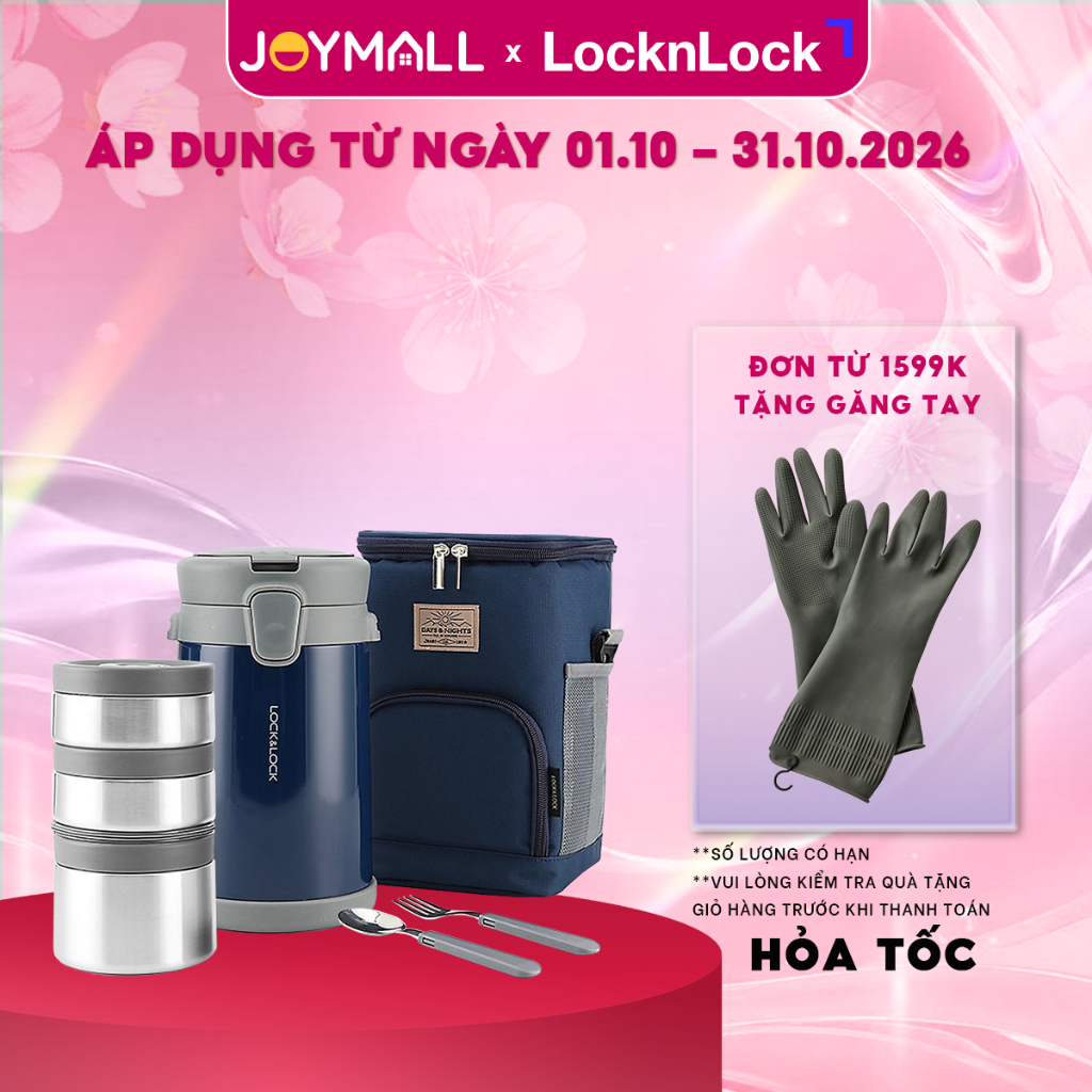 Bộ Hộp Cơm Giữ Nhiệt LocknLock 2 Lít LHC8039 Có Túi, 3 Hộp Kèm Muỗng Nĩa, Hàng Chính Hãng - JoyMall