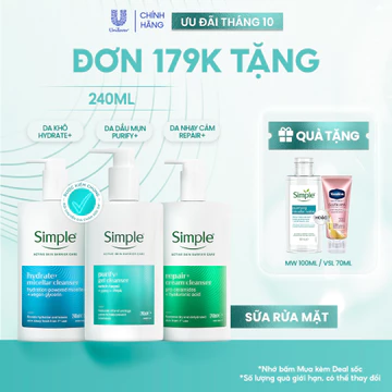 [MỚI] Sữa Rửa Mặt Simple 240ml Purify+ Giảm Mụn Sau 7 Ngày, Repair+ Phục Hồi Da, Hydrate+ Giúp Da Trông Căng Mướt