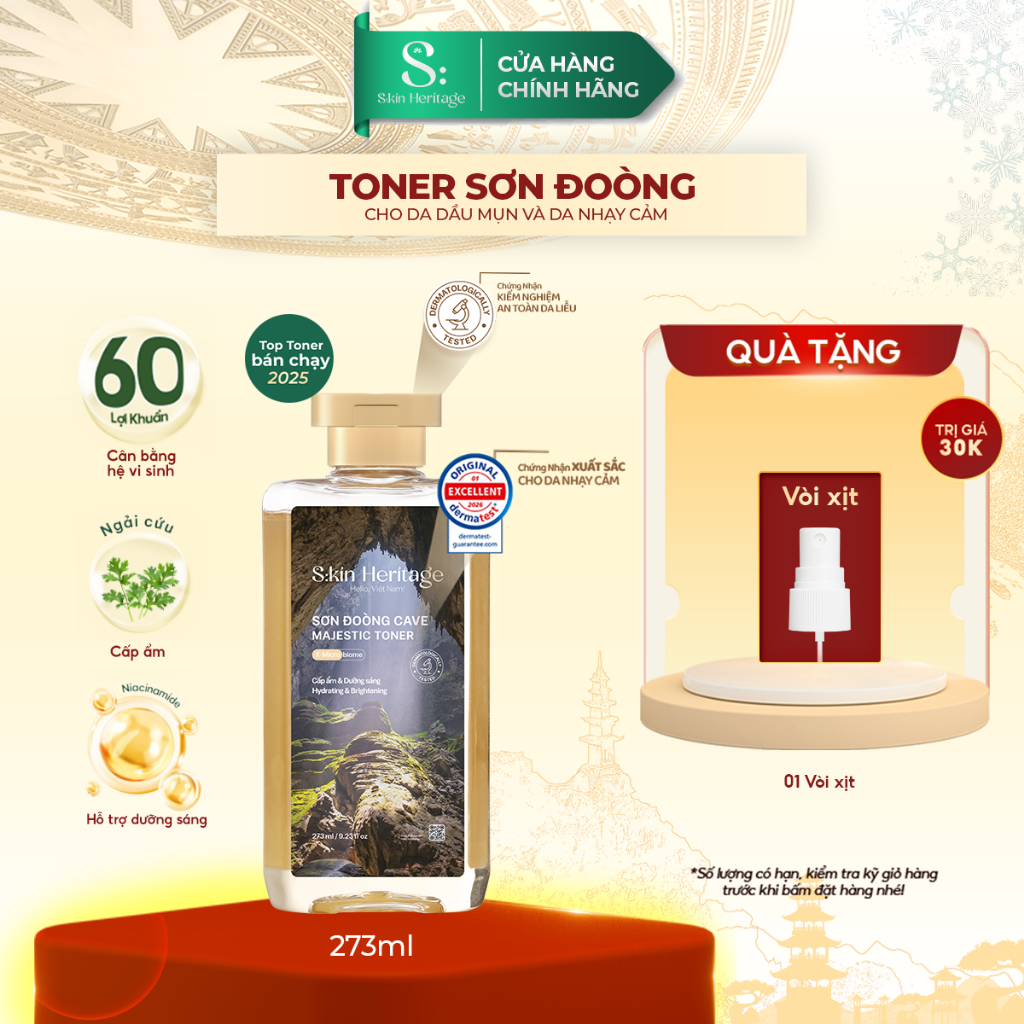 Toner Sơn Đoòng Skin Heritage hỗ trợ cấp ẩm, dưỡng sáng cung cấp 60 Lợi Khuẩn cho da nhạy cảm, da dầu mụn 273ml
