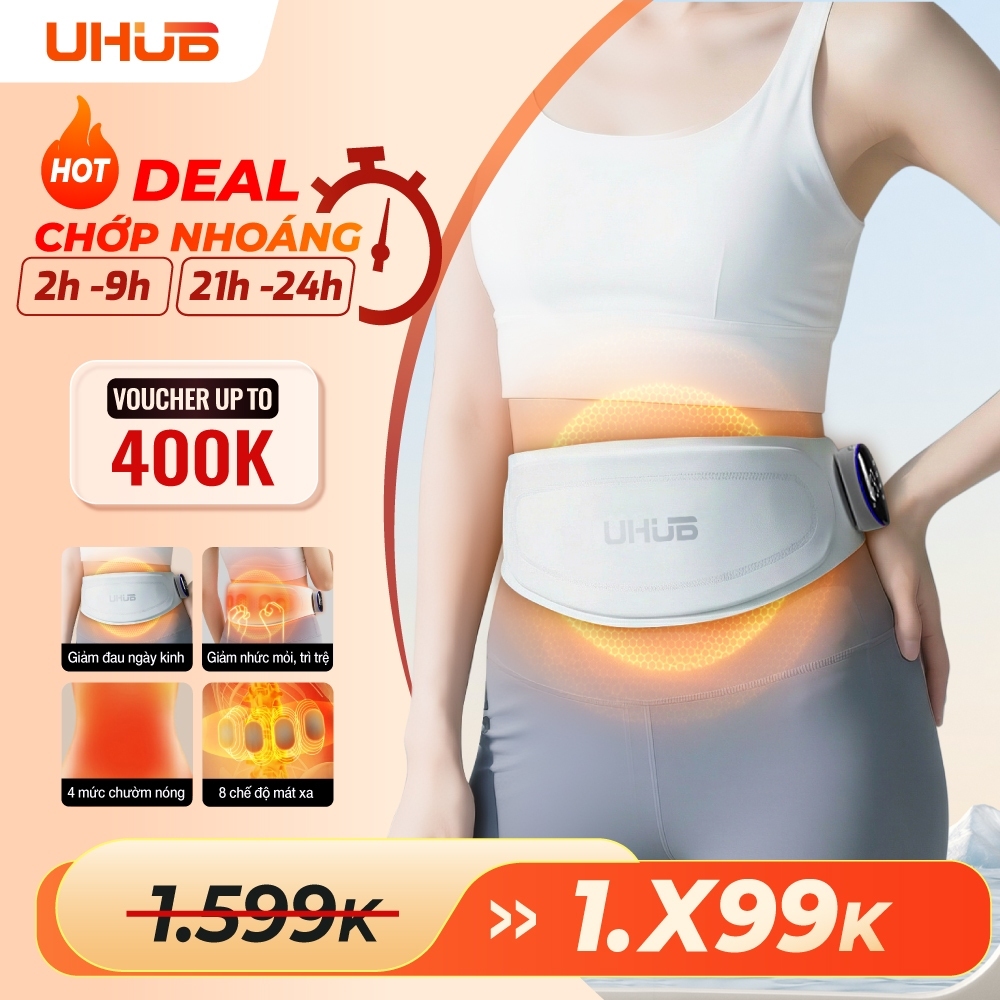 Đai Massage Chườm Ấm bụng kinh UHUB B1 Pro, xung kép EMS TENS, Định Hình Eo, Lưng,Bụng, 8 chế độ,19 mức lực linh hoạt