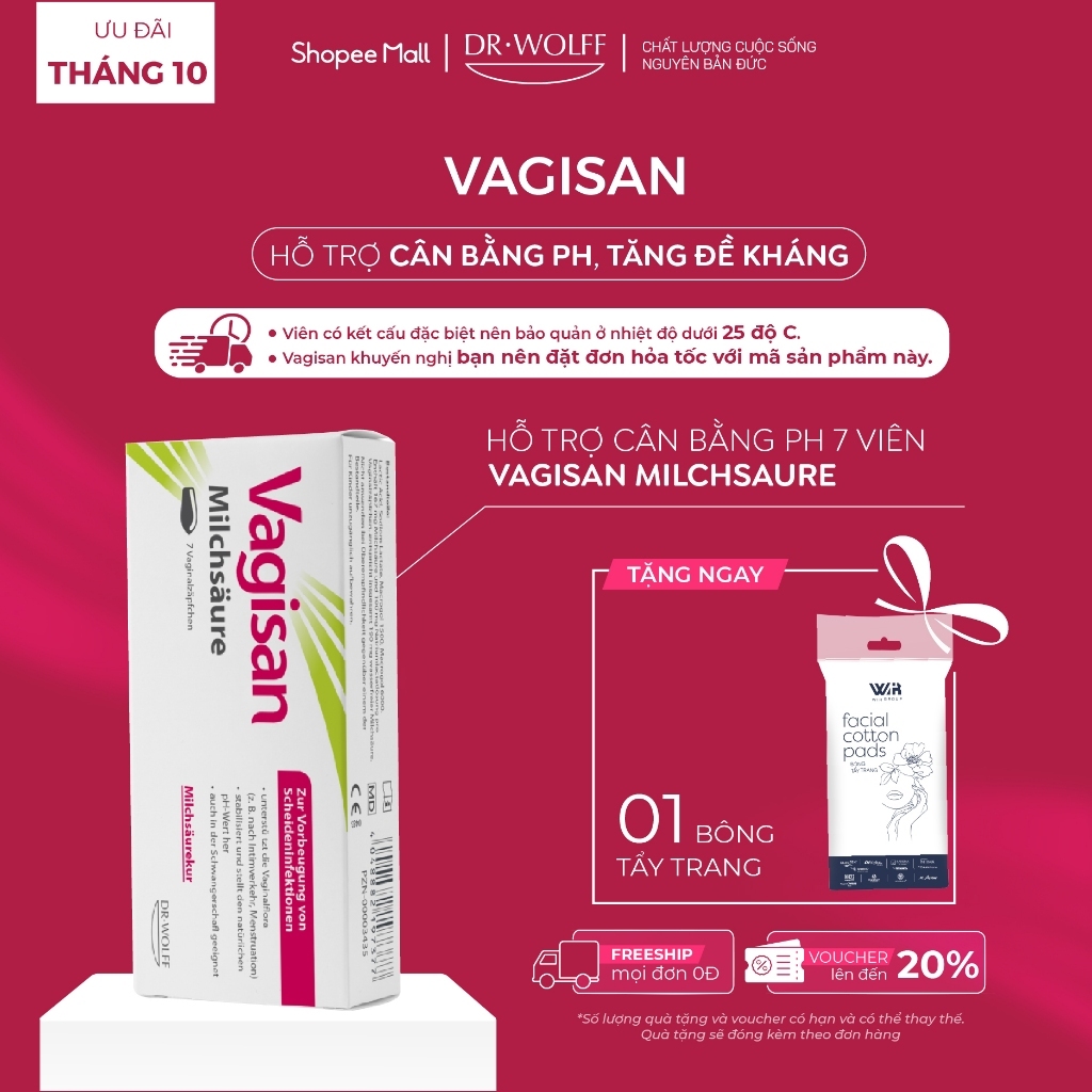 Viên đặt phụ khoa Vagisan Milchsaure hỗ trợ cân bằng pH, tăng đề kháng chuyên sâu cho vùng kín hộp 7 viên