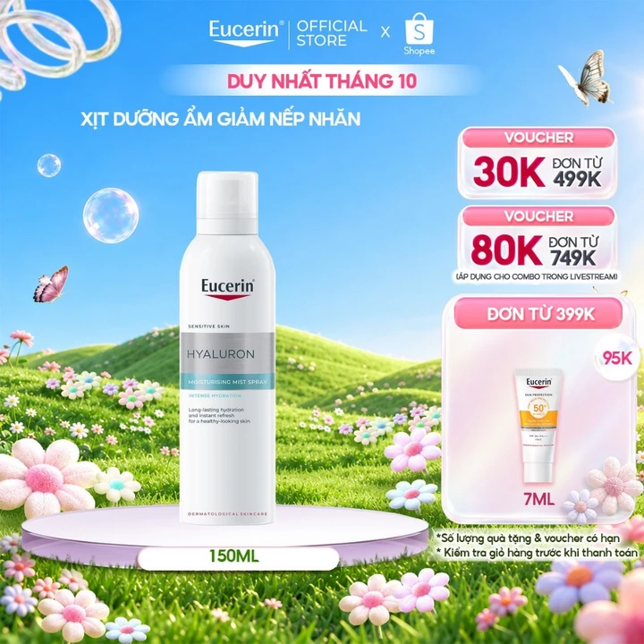 Xịt dưỡng ẩm cho da nhạy cảm Eucerin Hyaluron Moisturizing Mist Spray 150ml | Giảm nếp nhăn | Skincare