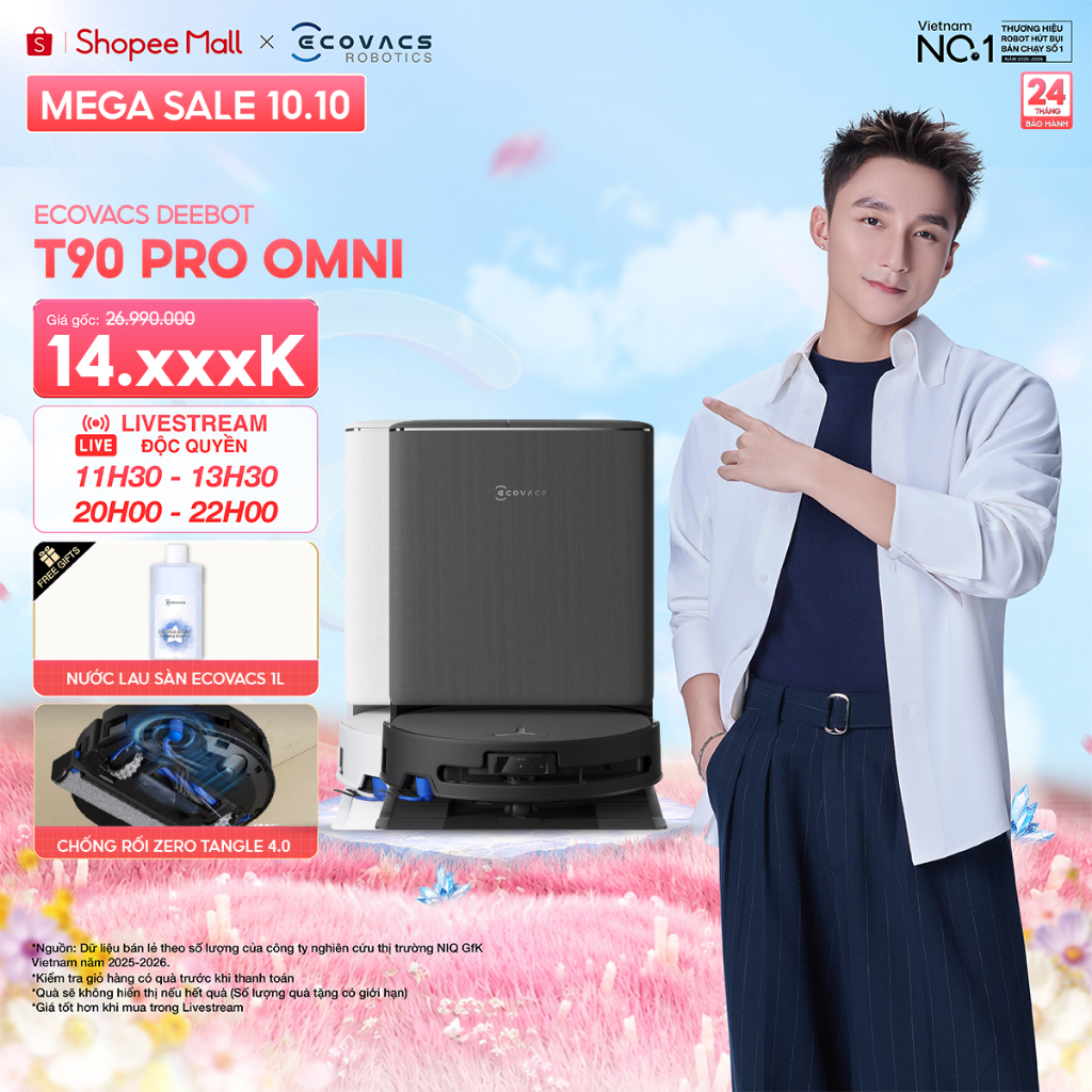 Ecovacs T90 Pro Omni Robot hút bụi lau nhà thông minh | Lực hút 30.000Pa | Trạm OMNI tự động sấy khô | BH 24 tháng