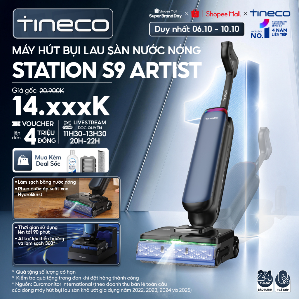 Tineco Floor One Station S9 Artist Máy hút bụi lau sàn nước nóng - Phun nước áp suất cao HydroBurst - Tối đa 90 phút