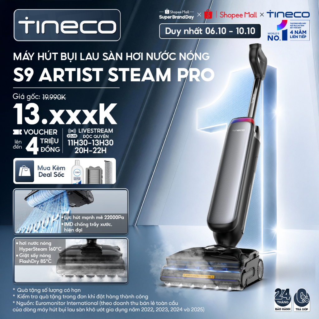 Tineco Floor One S9 Artist Steam Pro Máy hút bụi lau sàn hơi nước nóng HyperSteam 160°C - 22000pa - Giặt sấy nóng 85°C