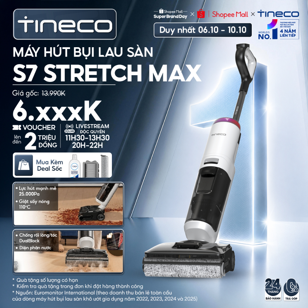 Tineco Floor One S7 Stretch Max / S7 Max Pro Máy hút bụi lau sàn khô ướt  - Lực hút 25000Pa - Giặt sấy nóng 110°C