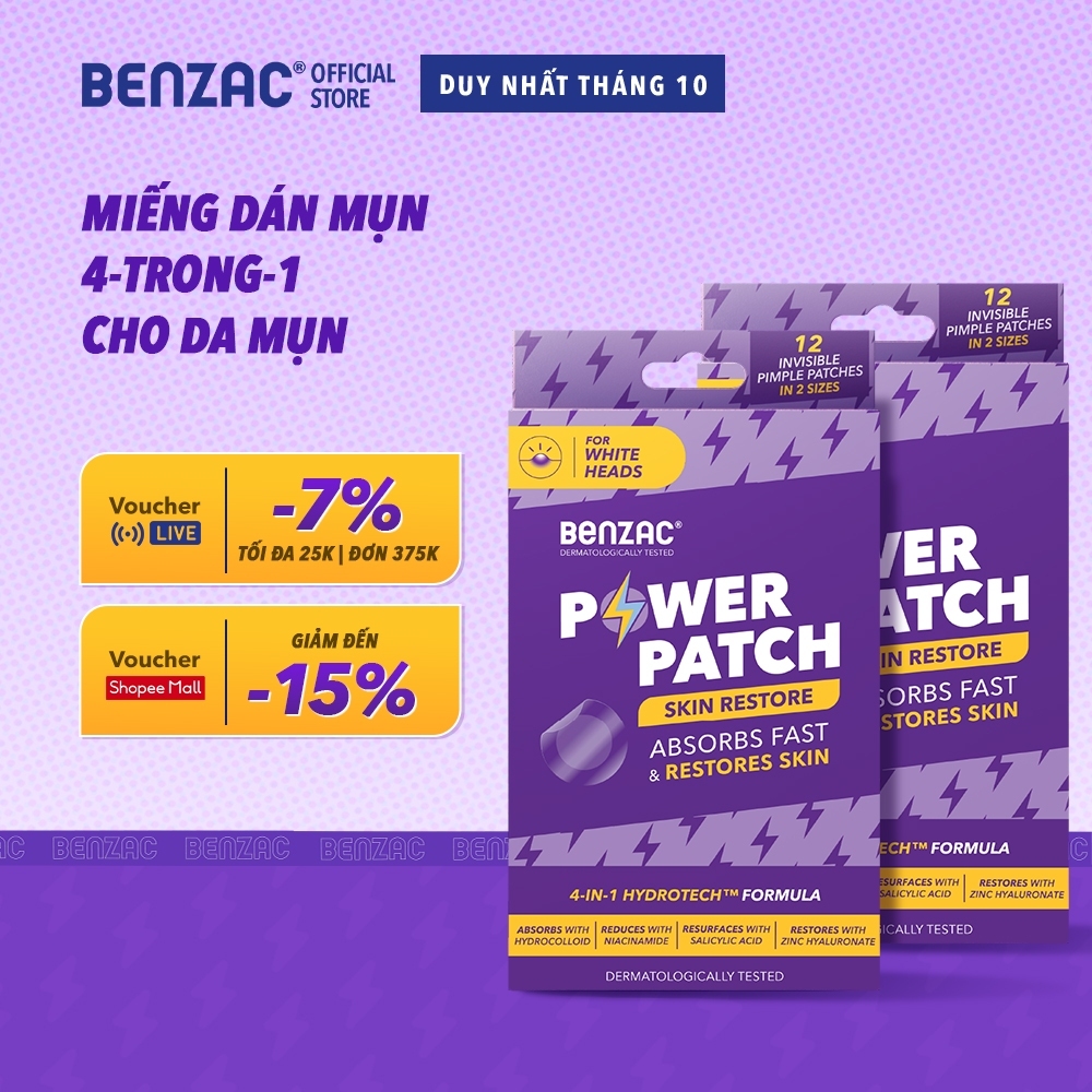 Combo 2 x 12 Miếng dán mụn Benzac Power Patch Skin Restore giúp giảm mụn mủ,phục hồi dành cho mụn mủ có nhân