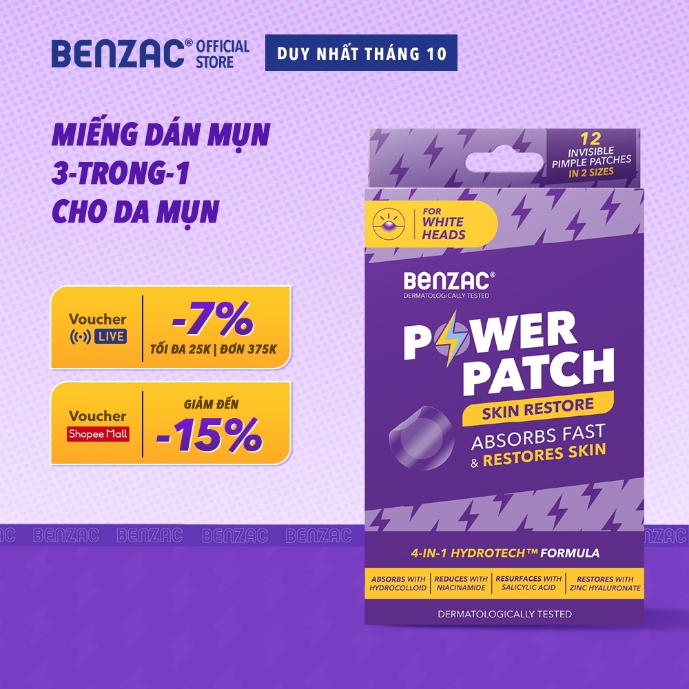 Miếng dán mụn Benzac Power Patch Skin Restore x 12 Miếng giúp giảm mụn, phục hồi, dành cho mụn mủ, mụn có nhân