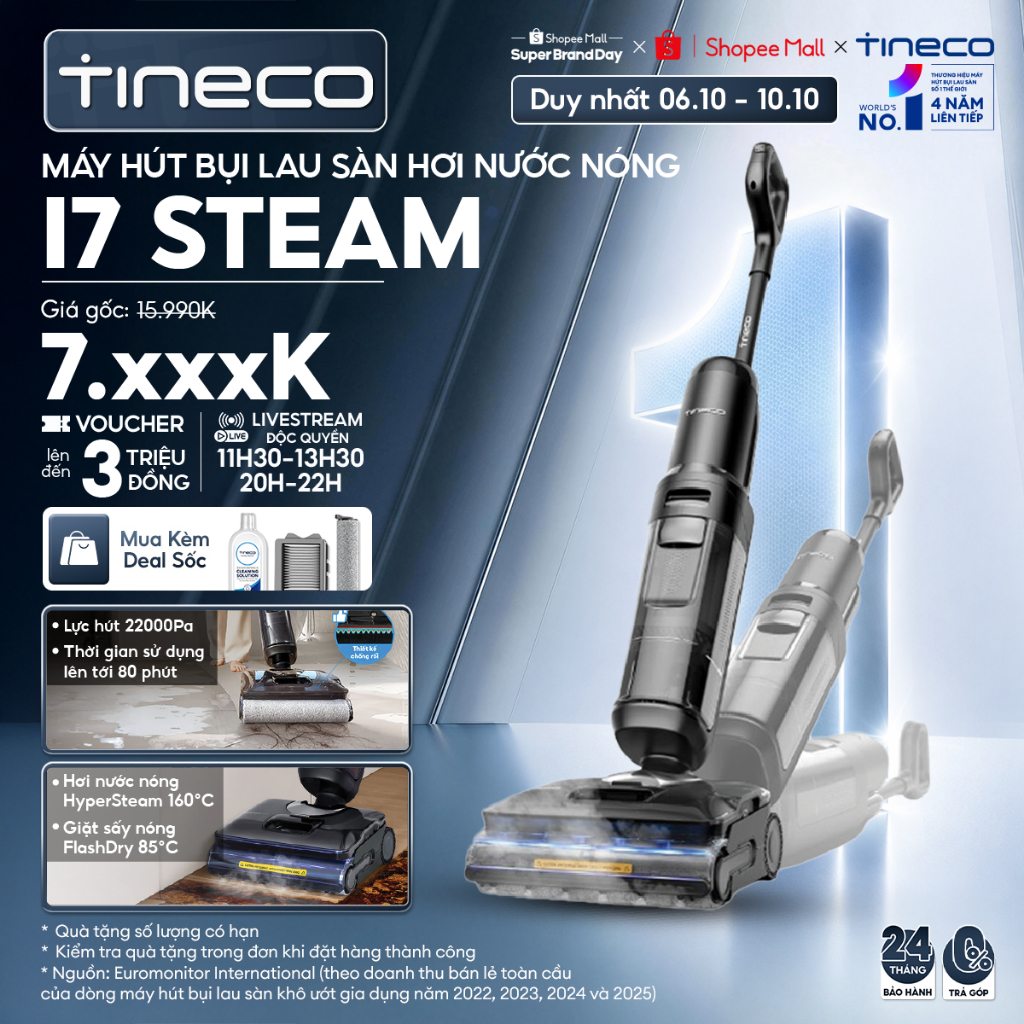 Tineco Floor One I7 Steam Máy hút bụi lau sàn hơi nước nóng HyperSteam 160°C - Lực hút 22.000Pa  - Bảo hành 24 Tháng