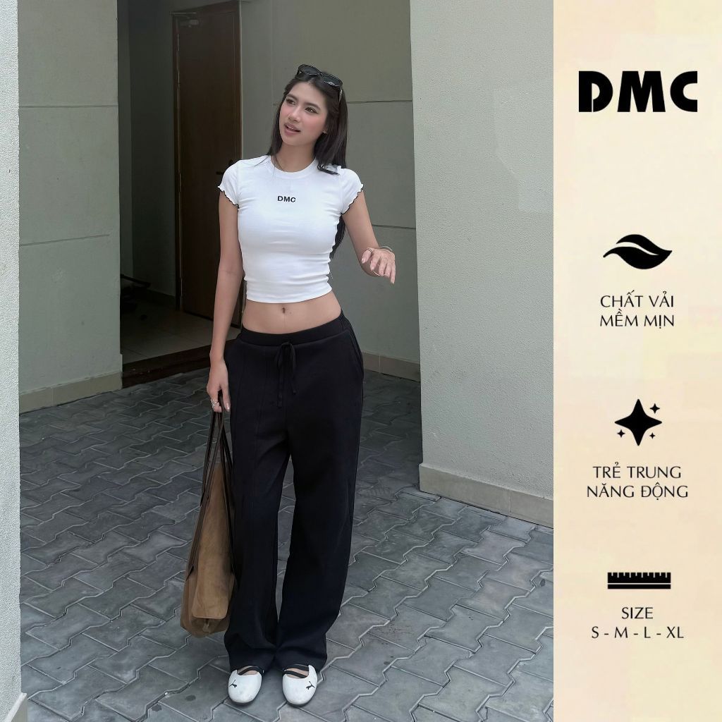 DMC Set Bộ Nữ Quần Dài - Cropped Ribbed Tshirt And Black Pants EC2