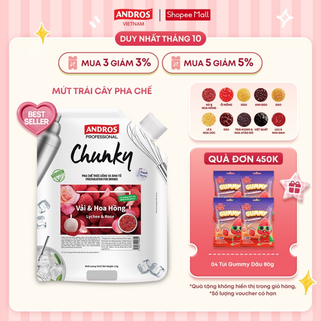 [BEST SELLER] Mứt Trái Cây Pha Chế - Có miếng trái cây thật - Nguyên liệu pha chế - ANDROS CHUNKY - 1kg