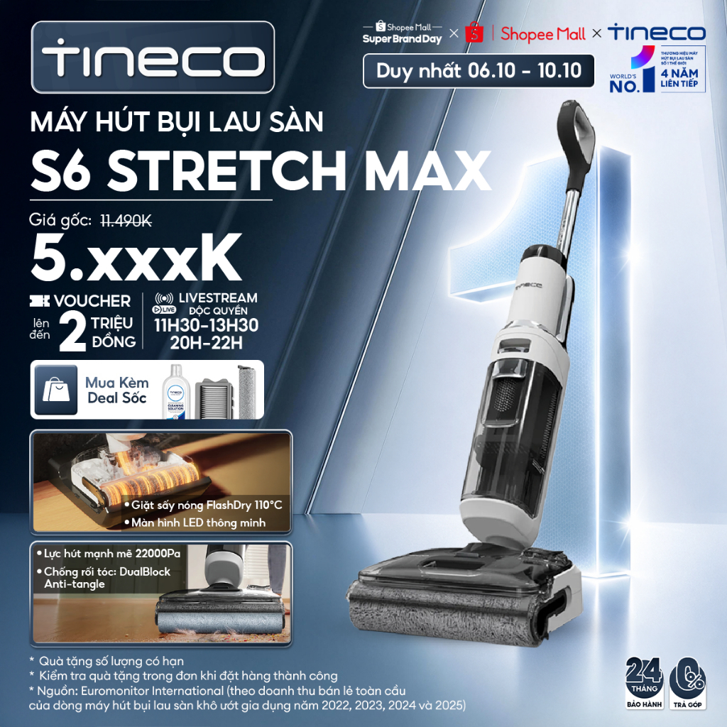 Tineco Floor One S6 Stretch Max Máy hút bụi lau sàn khô ướt - Lực hút 22000pa - Chống rối tóc - Giặt sấy nóng 85°C
