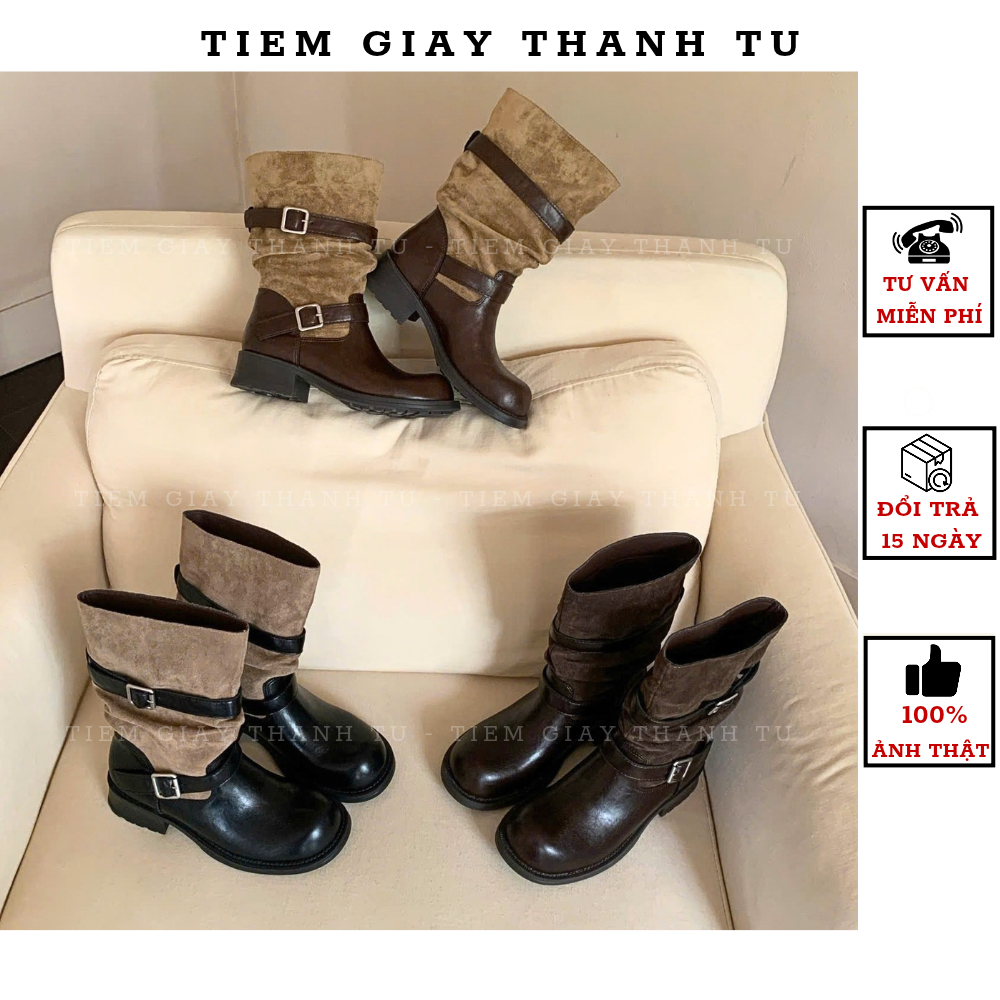 12 Giày Boot Nữ Cổ Lửng Da Lộn Phối Khóa Kim Loại Phong Cách Vintage Retro Nhún Cổ Sành Điệu