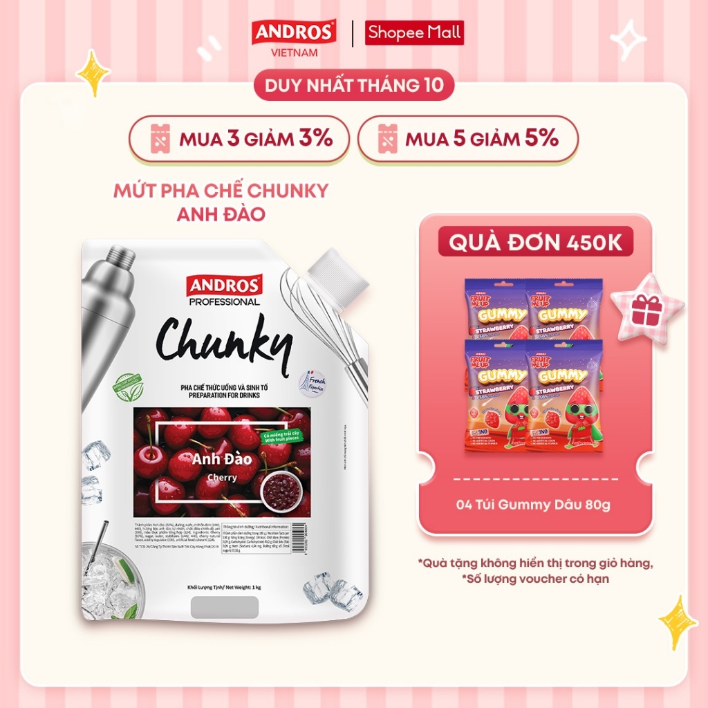 Mứt Trái Cây Pha Chế Anh Đào - Có miếng trái cây thật - Nguyên liệu pha chế - ANDROS CHUNKY - 1kg
