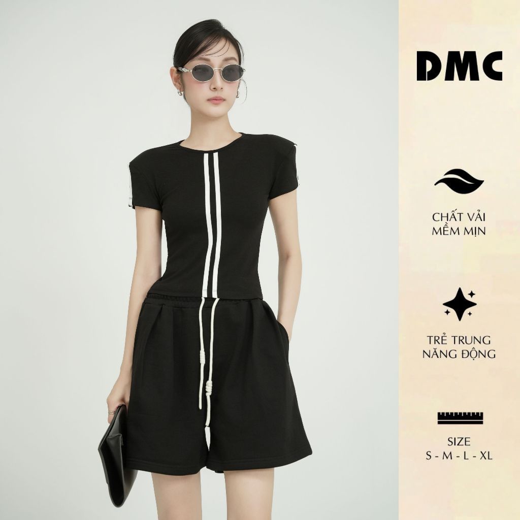 DMC Set Bộ Nữ Áo Phông Quần Shorts Phối Sọc - Knit Tshirt And Shorts Set EC2