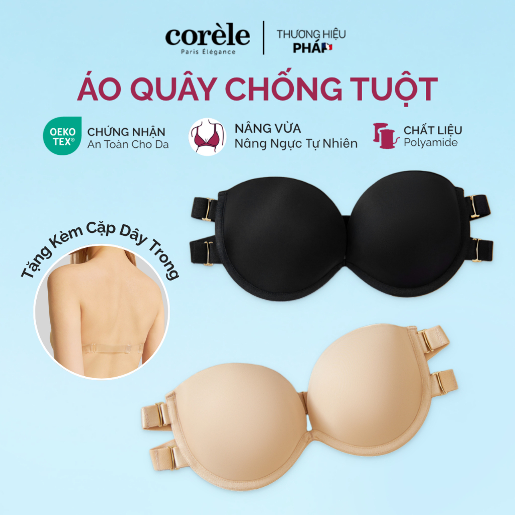 [ÁO QUÂY CHỐNG TỤT] Áo ngực su chống tuột, dáng quây cup ngang có gọng mút 2cm mặc tháo dây đi biển/tiệc CORÈLE 61177A