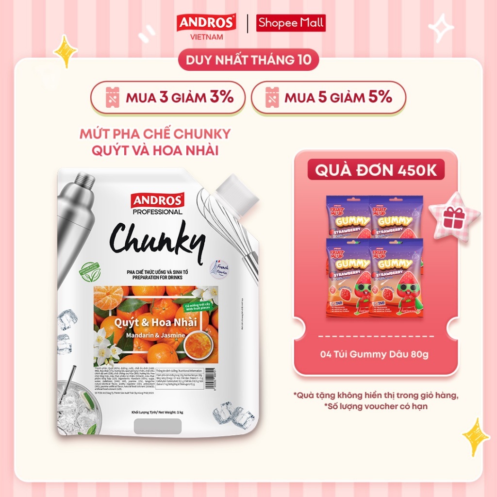 Mứt Trái Cây Pha Chế Quýt & Hoa Nhài - Có miếng trái cây thật - Nguyên liệu pha chế - ANDROS CHUNKY - 1kg