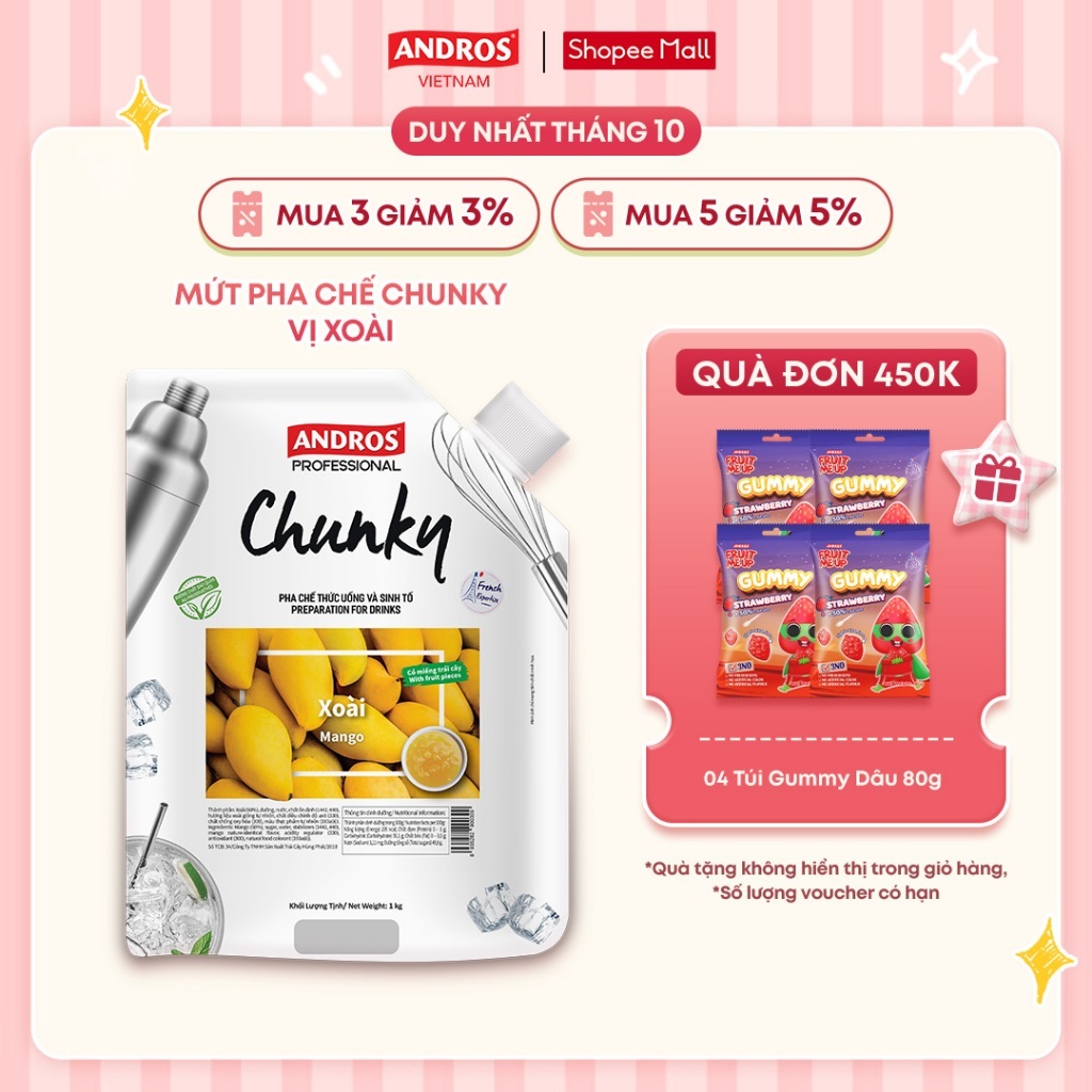 Mứt Trái Cây Pha Chế Xoài - Có miếng trái cây thật - Nguyên liệu pha chế - ANDROS CHUNKY - 1kg