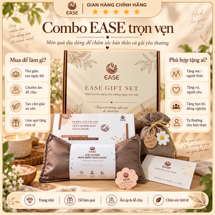 Quà Tặng Combo EASE Trọn Vẹn 3 Món Gối Chườm Muối Biển Thảo Dược + Túi Chườm Mắt Thảo Dược + Túi Thơm, Hộp Quà Đẹp