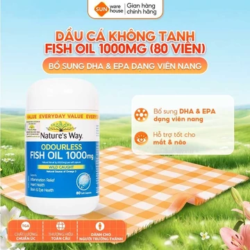 Viên Uống Dầu Cá Bổ Sung DHA Nature’s Way Odourless Fish Oil 1000mg Tốt Cho Mắt, Não, Tim Mạch, Không Mùi Hộp 80 Viên