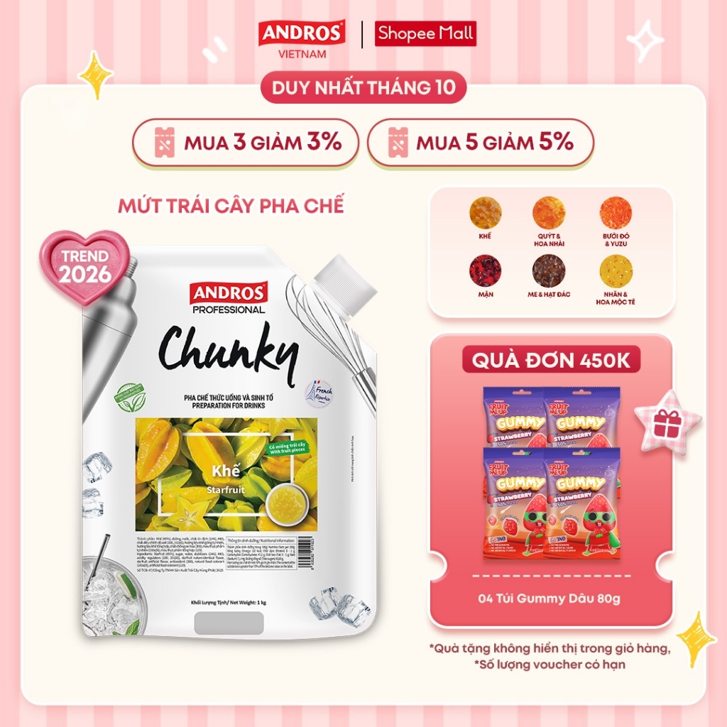 [TREND 2026] Mứt Trái Cây Pha Chế - Có Miếng Trái Cây Thật - Nguyên Liệu Pha Chế - ANDROS CHUNKY - 1kg