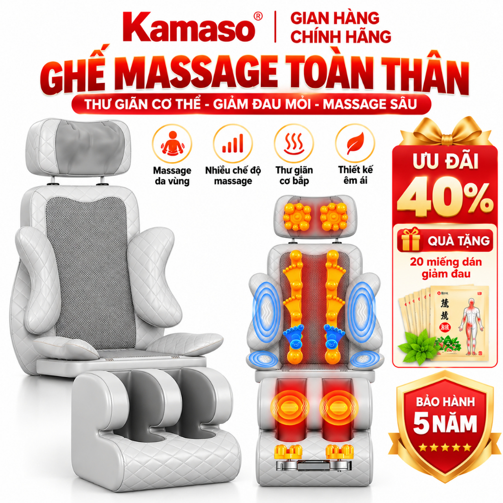 Ghế Massage Toàn thân Cao cấp Kamaso 2026 cải tiến thêm 12 con lăn Giảm đau hiệu quả Bảo hành 5 năm toàn quốc