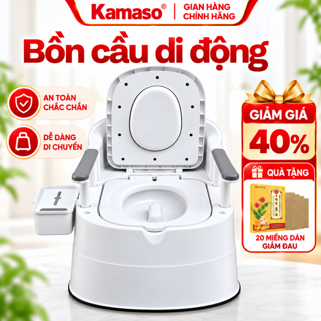 Bồn cầu di động cho người già Kamaso có tay vịn tựa lưng chắc chắn chống trượt Bảo hành 2 năm