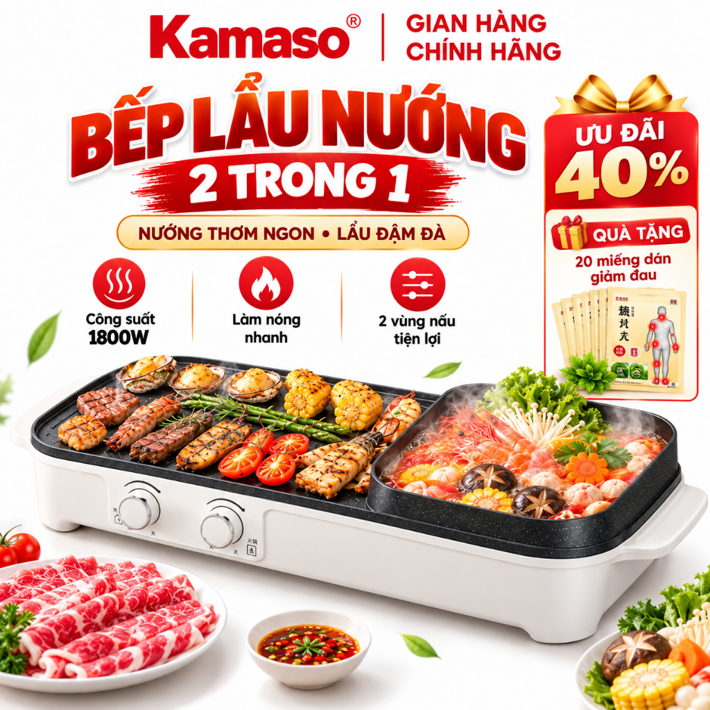Bếp lẩu nướng đa năng 2 trong 1 Shanben 2026 Cao cấp Tráng men chống dính Bảo hành 5 năm