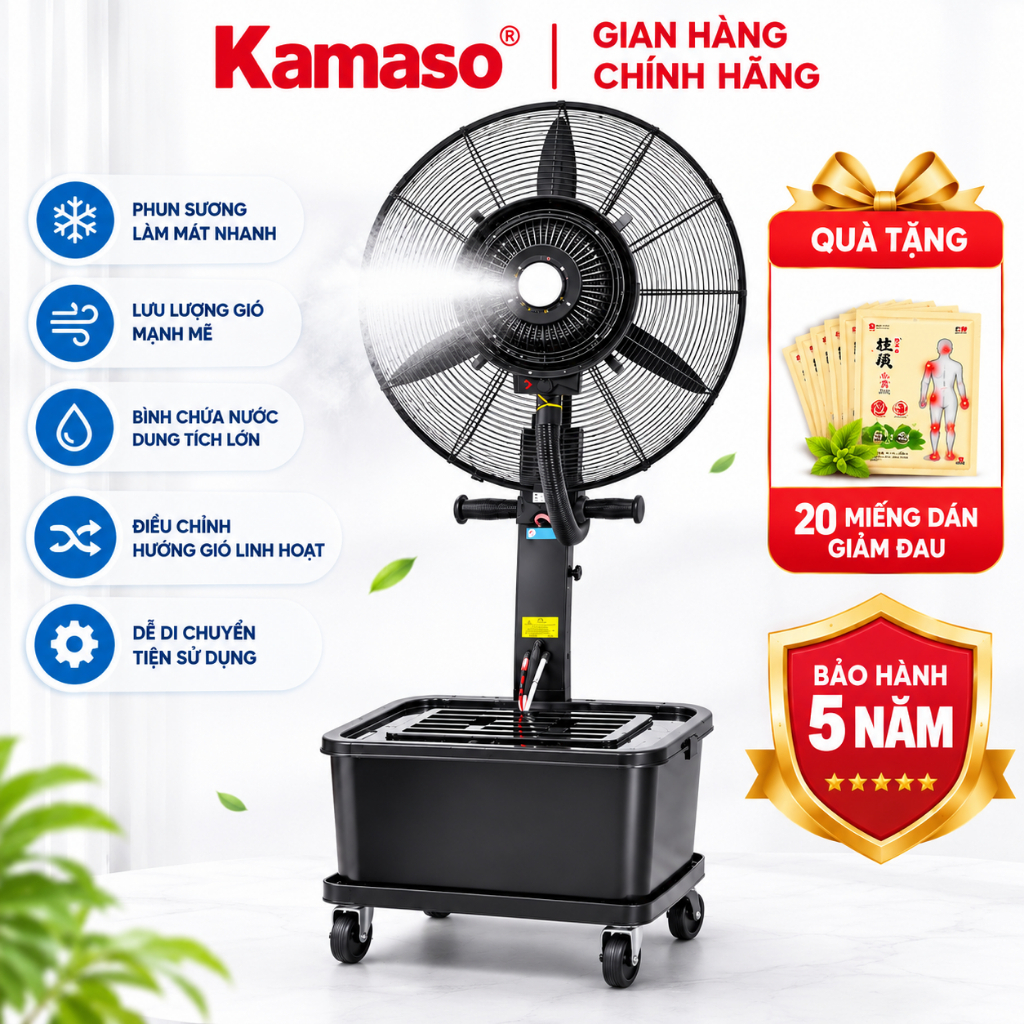 Quạt phun sương công suất lớn Kamaso 2026 Quạt công nghiệp siêu mát nhanh Bảo hành chính hãng 5 năm