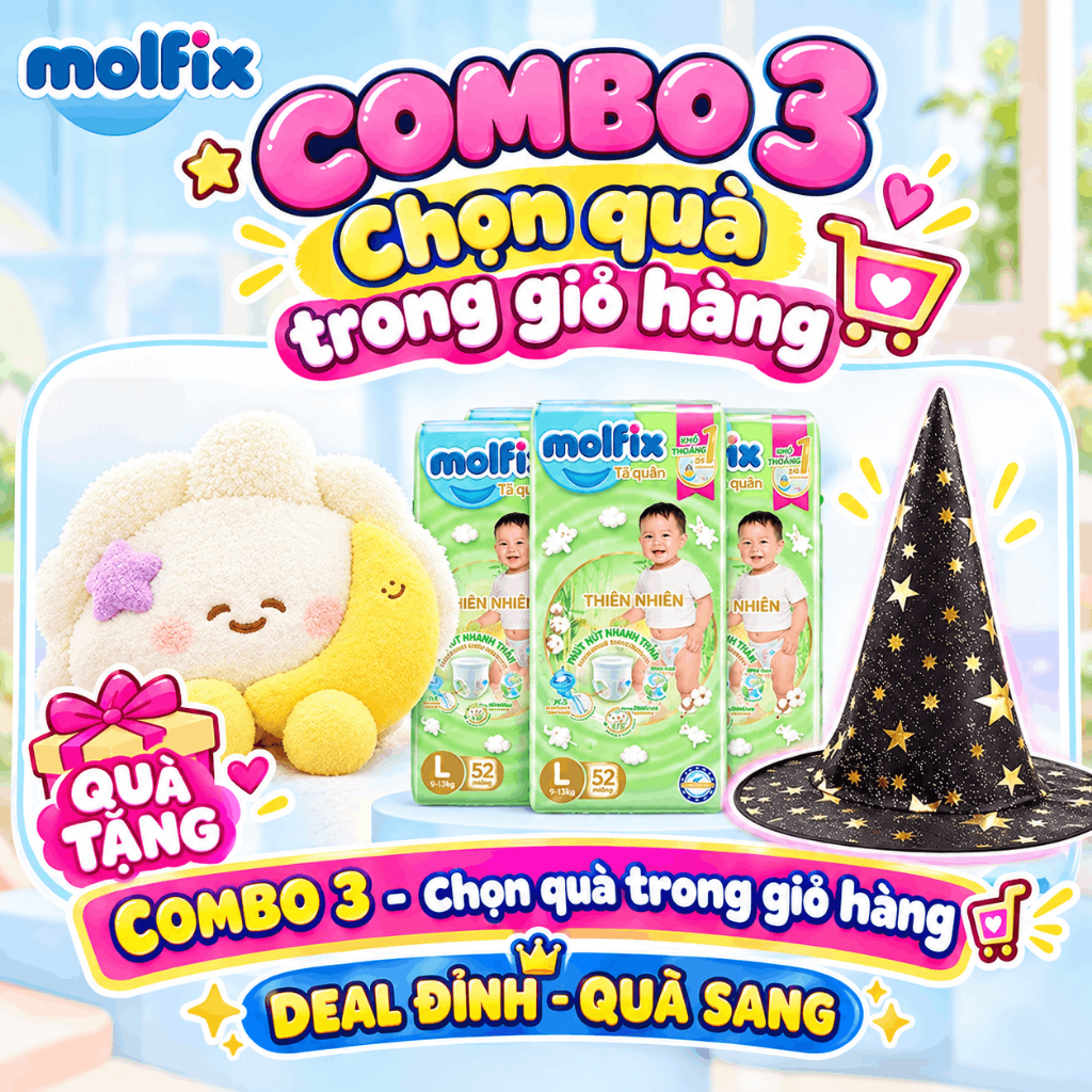 [Chọn QUÀ trong giỏ hàng] Combo 3 Tã/bỉm quần Molfix Thiên nhiên Super Jumbo sợi bông cotton đủ size cho Bé
