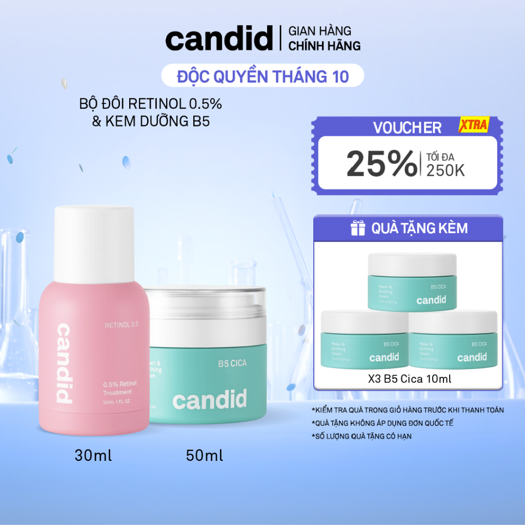 Bộ Đôi Hỗ Trợ Cải Thiện Và Phục Hồi Làn Da Candid Retinol 0.5% 30ml & Kem Dưỡng B5 Cica 50ml