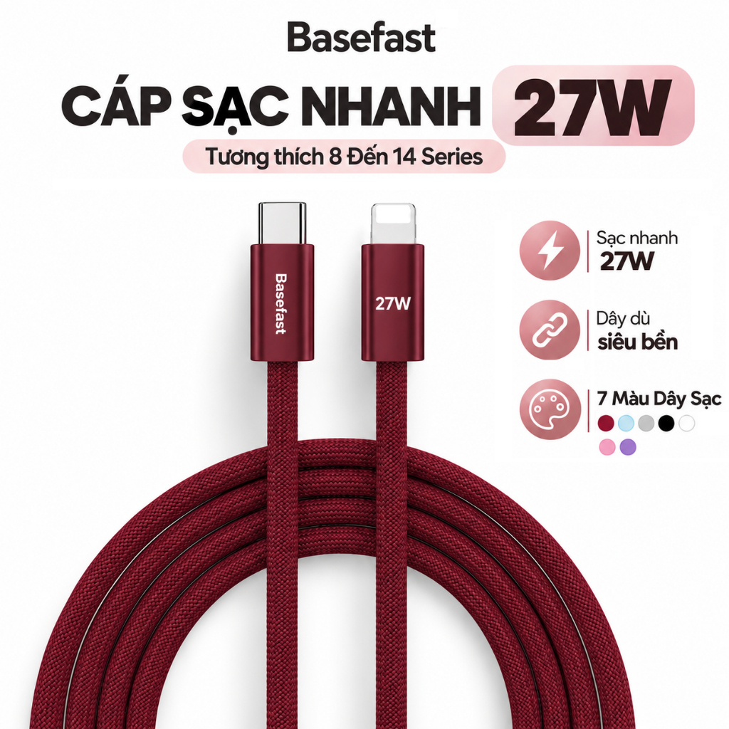Dây sạc nhanh 20w Basefast dài 1m 2m cho Phone 8 xr xs 11 12 13 14 pro max  Cáp sạc PD27W bọc dù